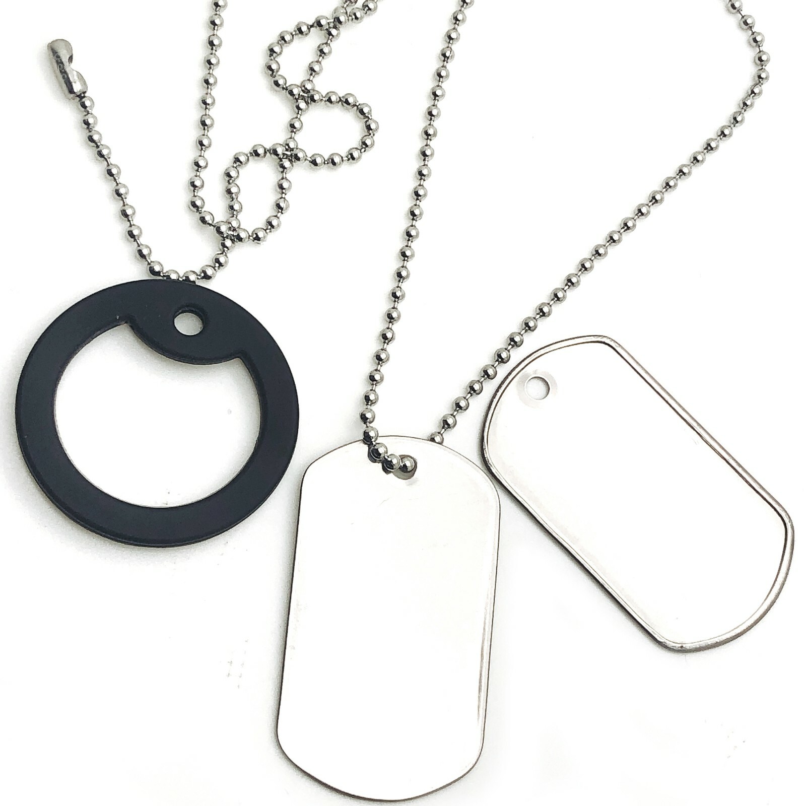 10pc STAINLESS STEEL DOG TAGS, 24″ S/S BALL CHAIN NECKLACES, SILENCER REPAIR KIT