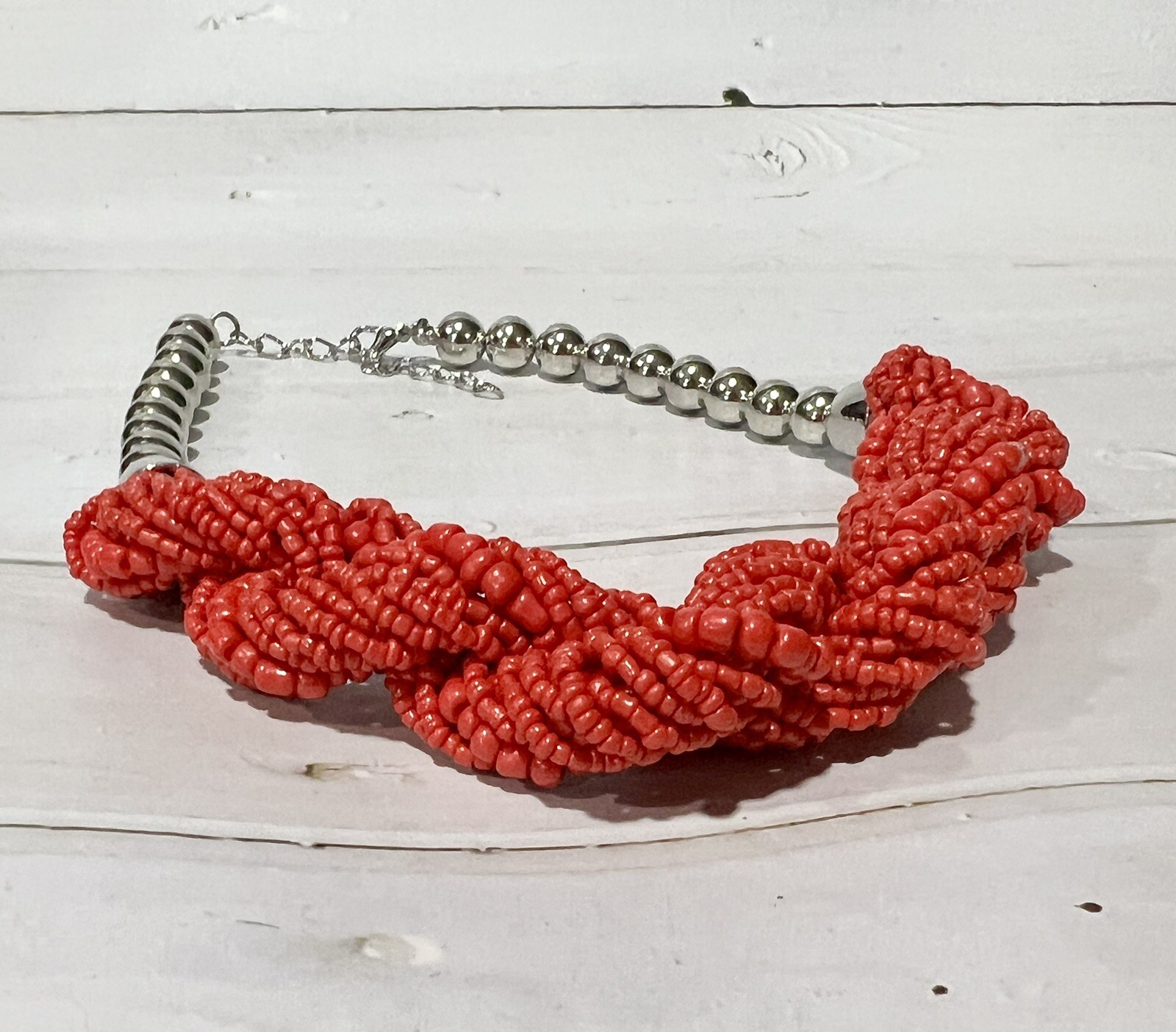 New Red Coral Seed Bead Twisted Necklace 16 inches W/ adjustable 3 Inch Extender