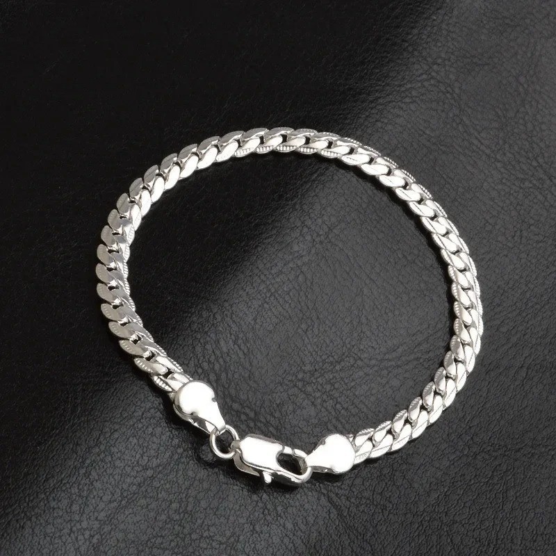 925 Sterling Silver Bracelet 6mm Flat Chain Lobster Clasp 18/20cm Unisex