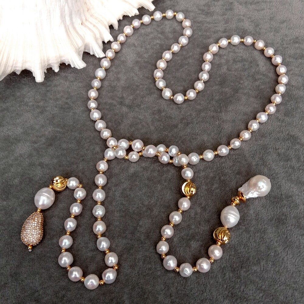 natural 8-9mm near round pearl 15x22mm White Keshi Pearl Long Necklace 40″