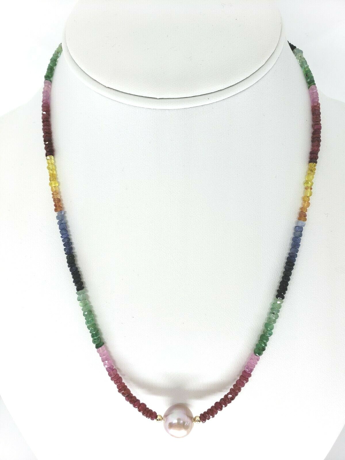 14k Yellow Gold Sapphire, Ruby, Emerald and Pearl Necklace 18″
