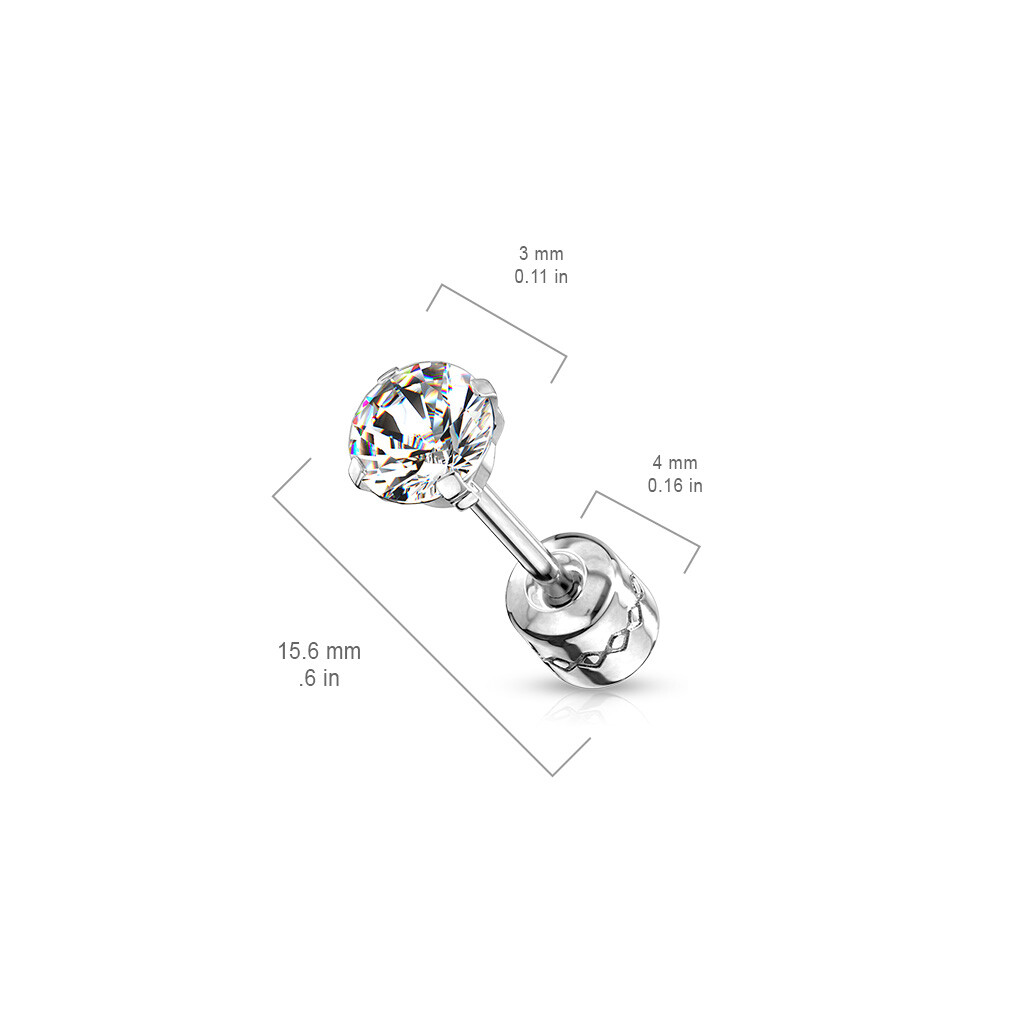 Surgical Steel Pair Prong Set CZ Gem Stud Earrings With Gem Centered Screw Back