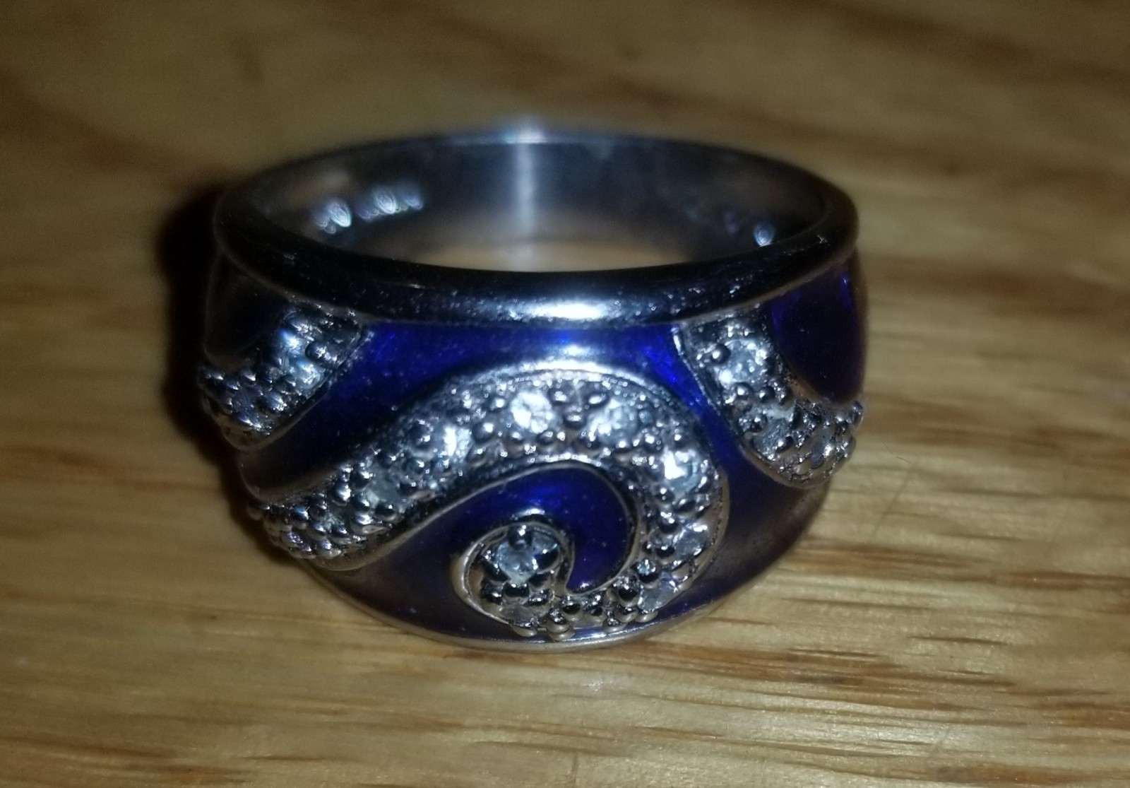 Vintage Hildago? Blue Enamel CZ Wave Ocean 925 Band Ring Sterling Silver 8.2 G