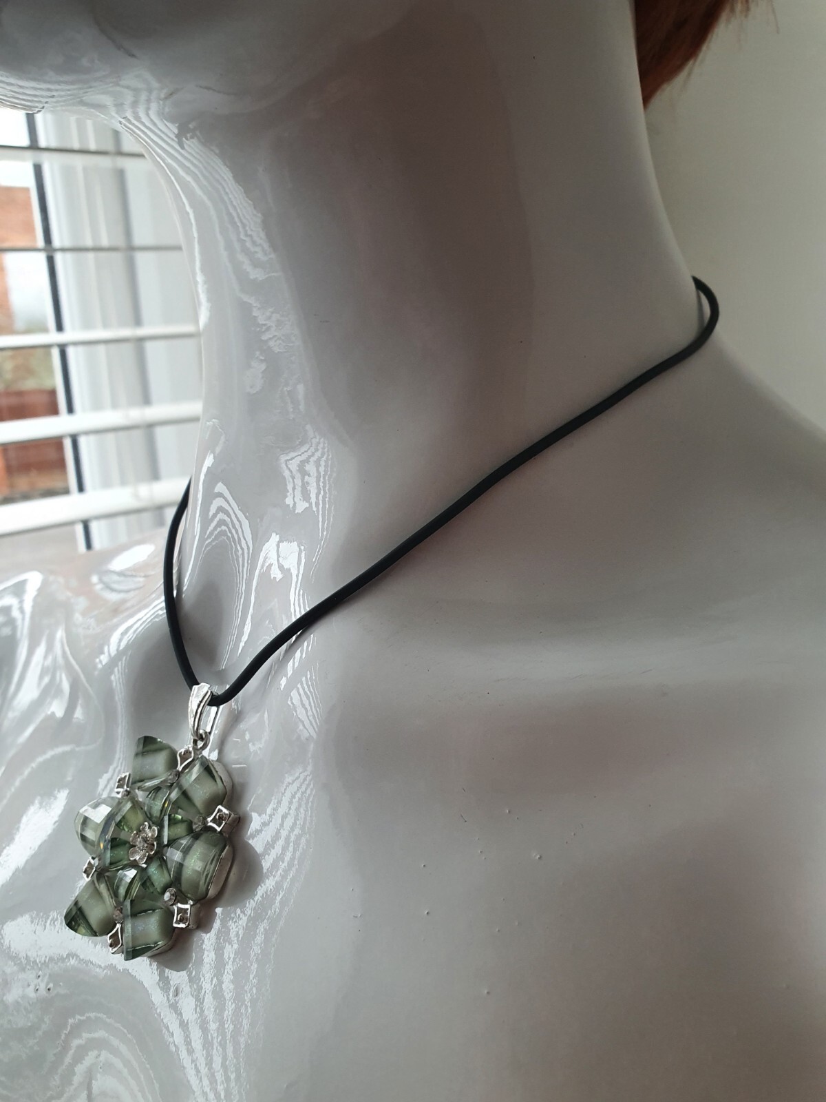 Sparkly Green Floral Clear Rhinestone Sliver Tone Black Cord Pendant Necklace
