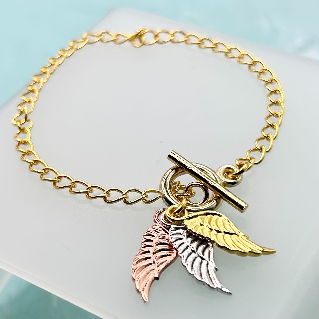 Mini Angel Wing Triple Pendant T-Bar Bracelet (Gold Chain) New Handmade