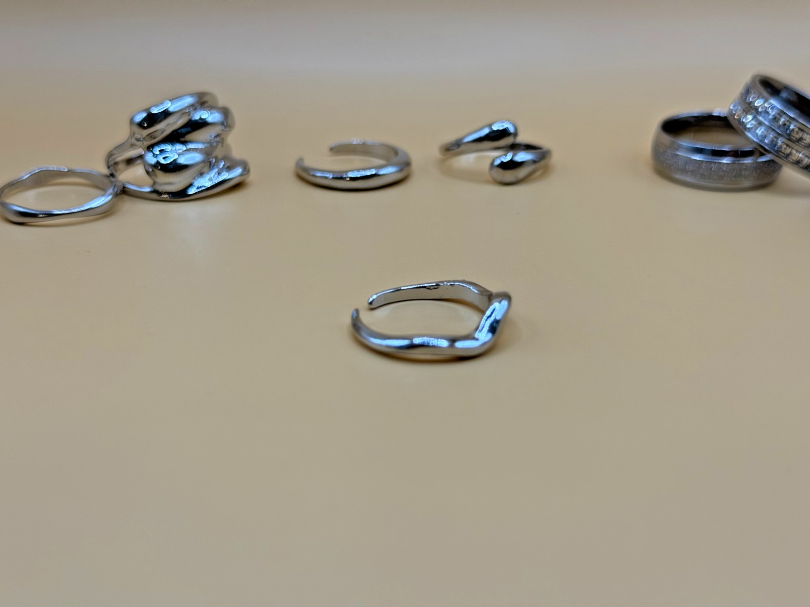8 Pc Fashion Ring Lot – Adjustable & Fixed Rings – Cubic Zirconia Silver Tone