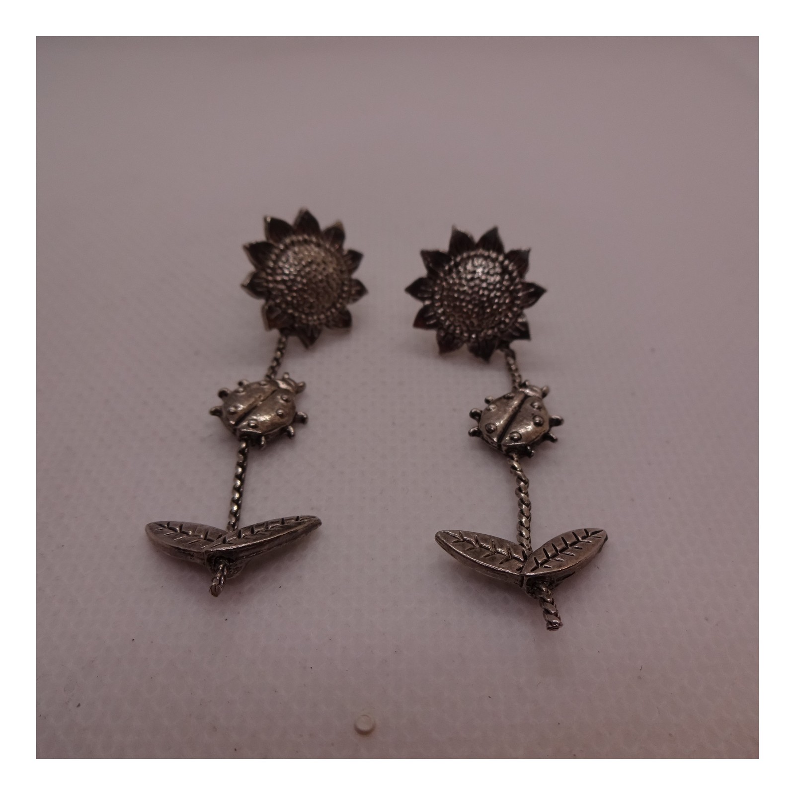 Silver Tone Sunflower Ladybug Leaf Dangle Earrings Floral Insect Jewelry 2.5″