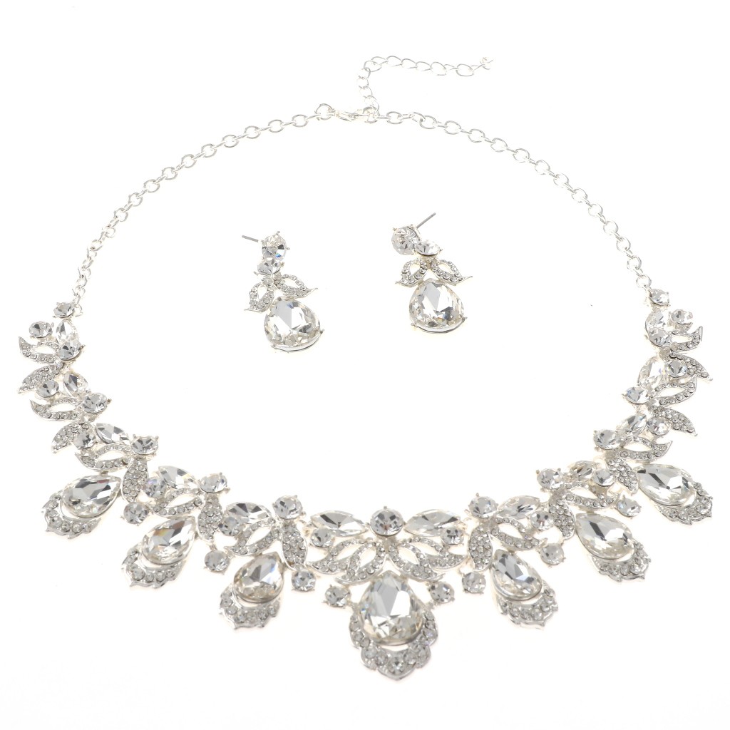 Silver Tone Alloy Metal Rhinestone Necklace Earring Set S20704-SCRY