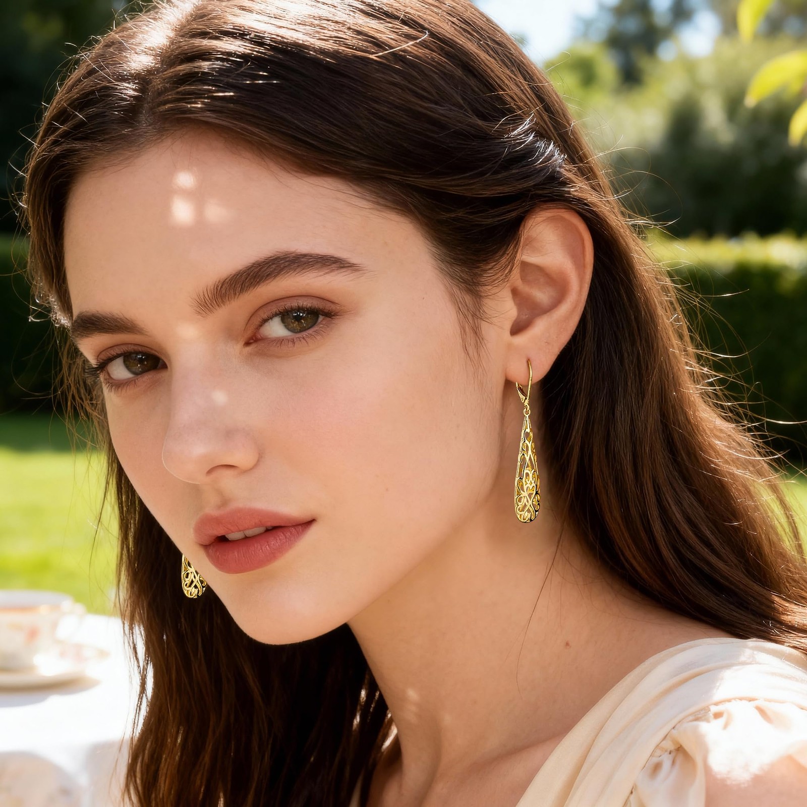 Gold Long Filigree Teardrop Dangle Earrings for Women