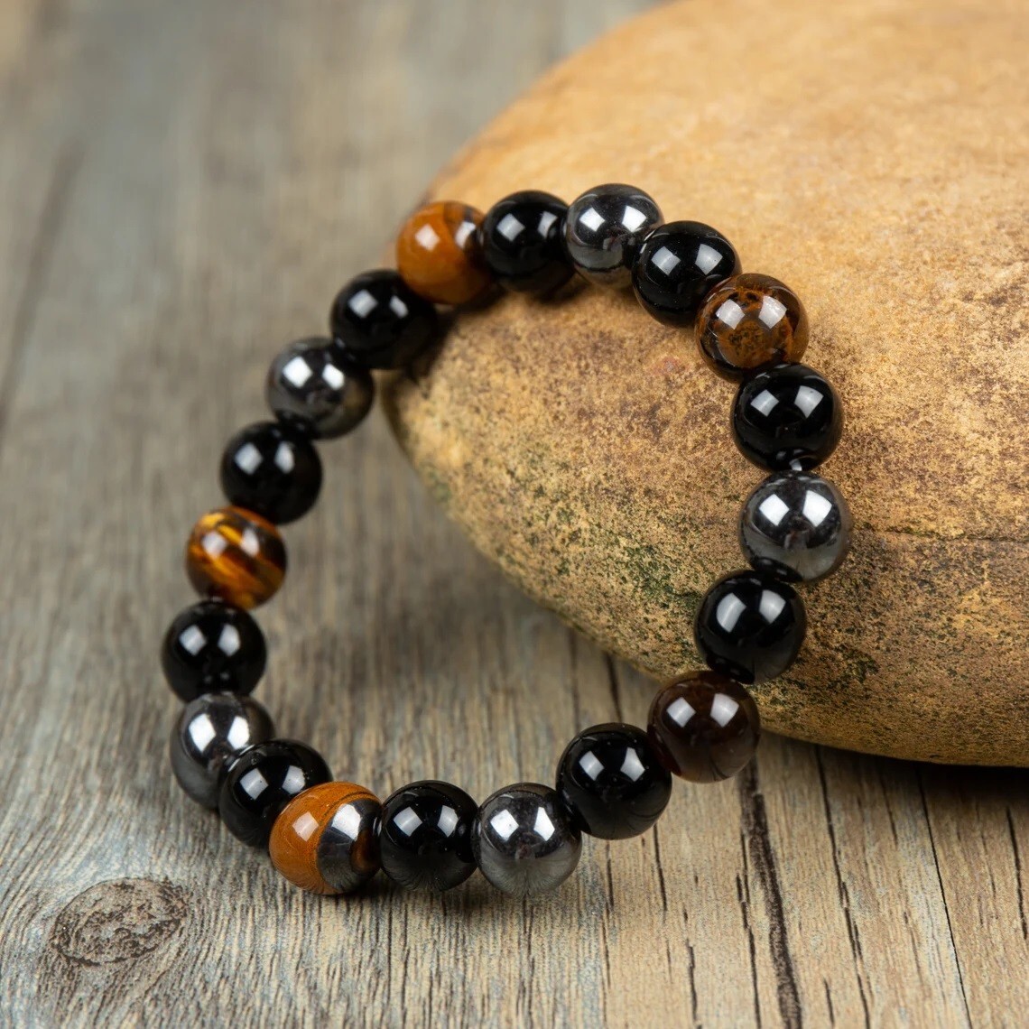 Natural 10mm Tiger’s Eye Obsidian Hematite Beaded Bracelet for Strength Peace