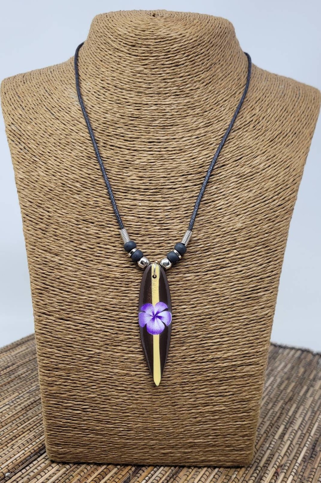 Hand Painted Surfboard Necklace Hawaiian Flower Pendant Wood Beach Unisex