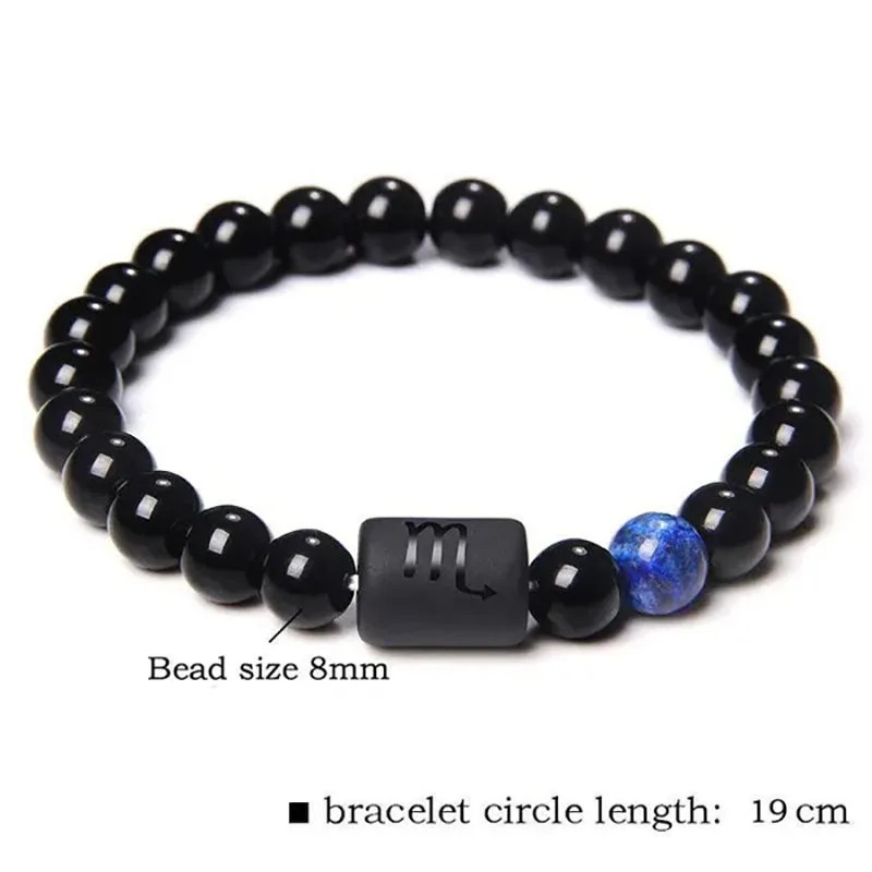 12 Constellation Zodiac Beads Couples Bracelet Natural Black Onyx Elastic Charm