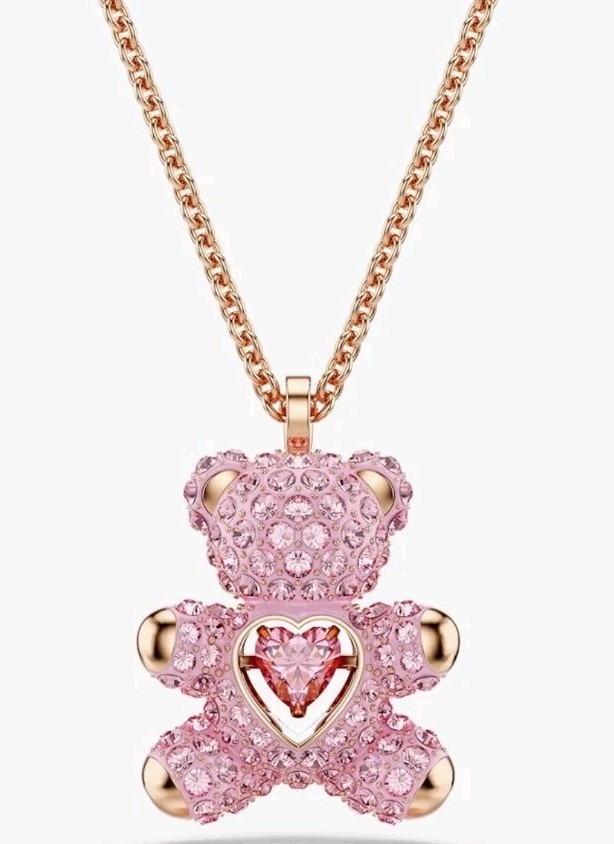Swarovski Teddy Bear Pendant Necklace Pink Crystals Rose Gold 5642976