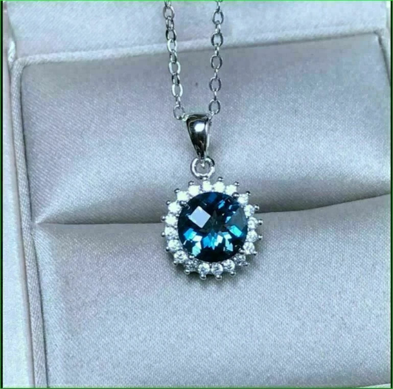 2Ct Round Simulated Blue Topaz Beauty Halo Pendant Chain 14k White Gold Plated