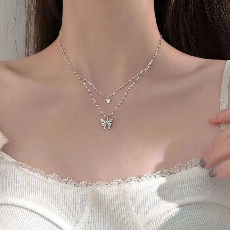 S925 Sterling Silver Women Elegant Chain Trendy Butterfly Pendant Necklace