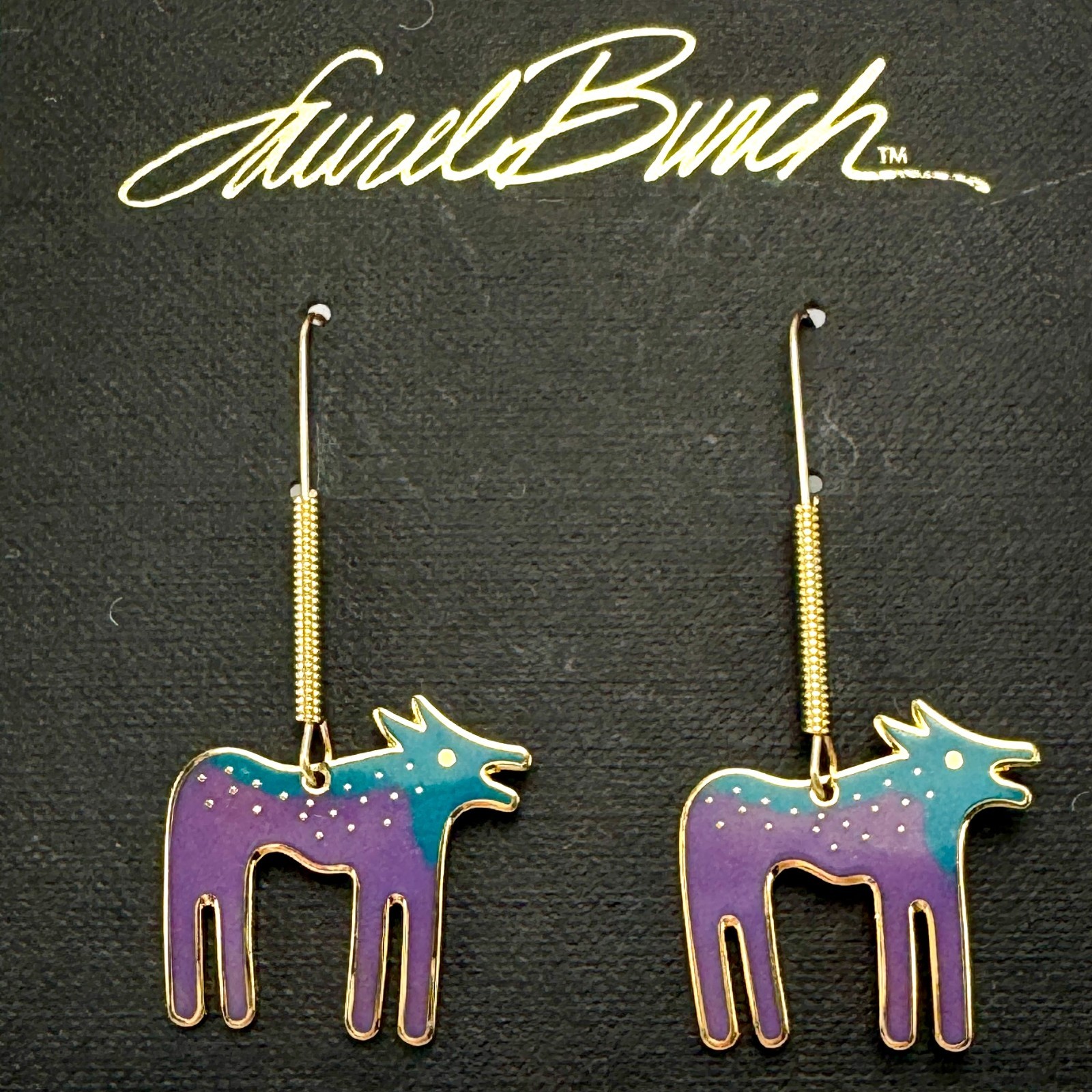 NEW Old Stock Retired Signed Laurel Burch Wild Dog Cloisonne Gold Earrings
