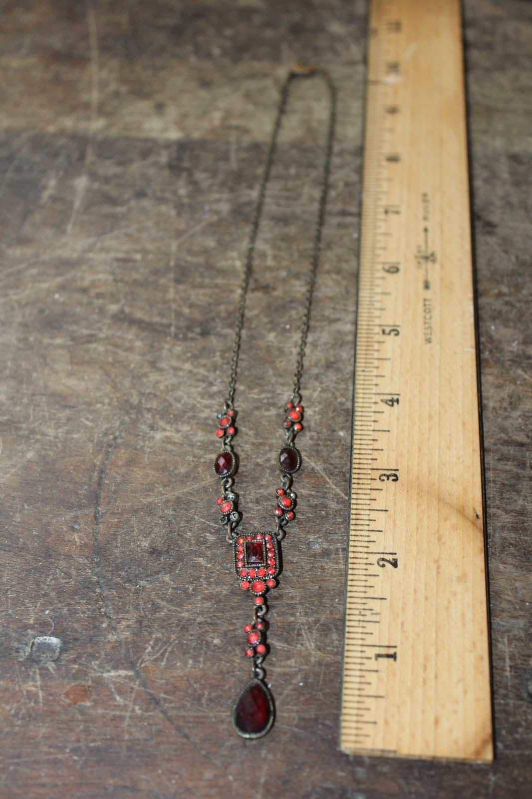 Vintage Aged Brass Finish Red Stones Pendant Necklace Approx 20″