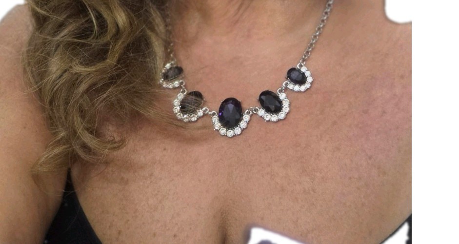 Silver Tone Cable Chain Necklace Purple Oval Crystal Rhinestone Halo Accents