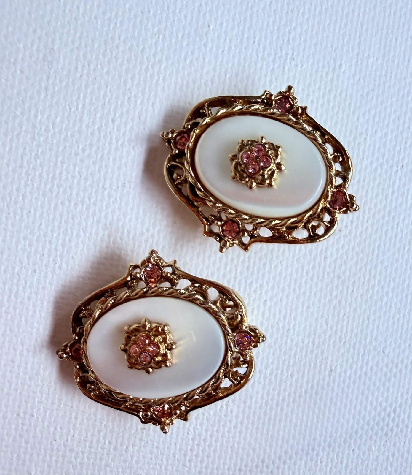 Vintage Victorian Revival Mother of Pearl Pink Rhinestone Gold Tone Clip-ons
