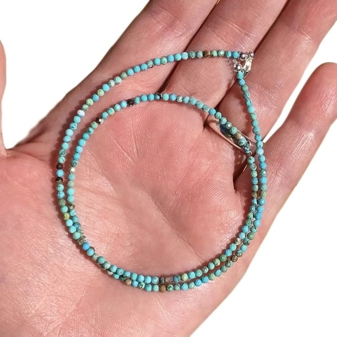 A++ Genuine Turquoise Faceted Round Gemstone Beads Handmade Necklaces 24” Women