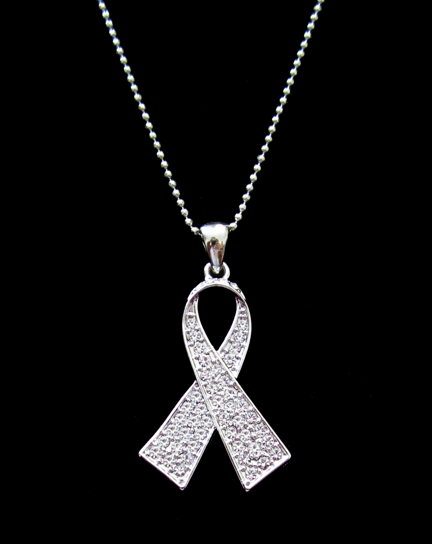 CRYSTAL CLEAR WHITE RIBBON BOW LUNG CANCER AWARENESS PENDANT CHARM NECKLACE