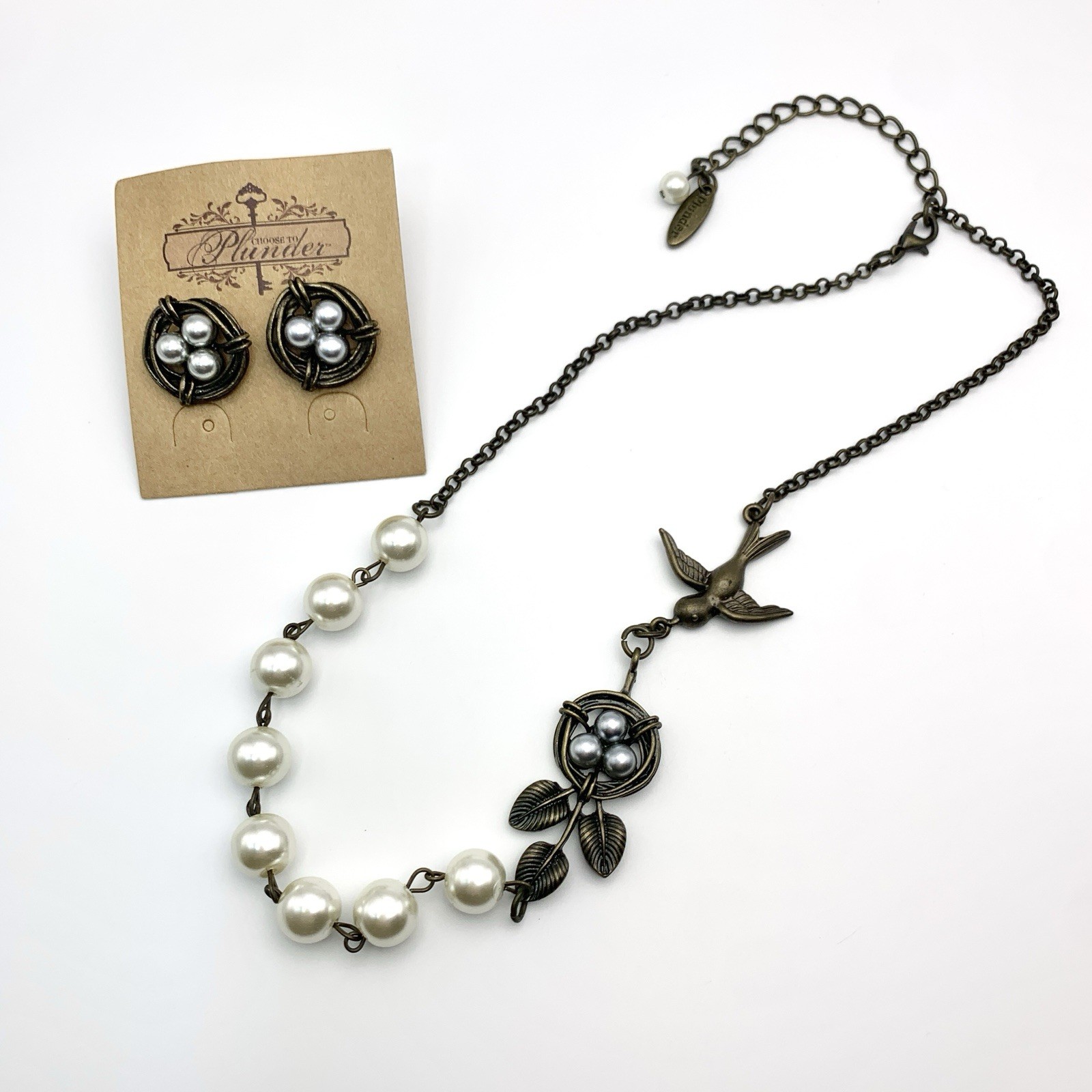 Plunder Bronze Tone 3D Bird Nest Gray Pearl Eggs Necklace And Earrings Set 17”