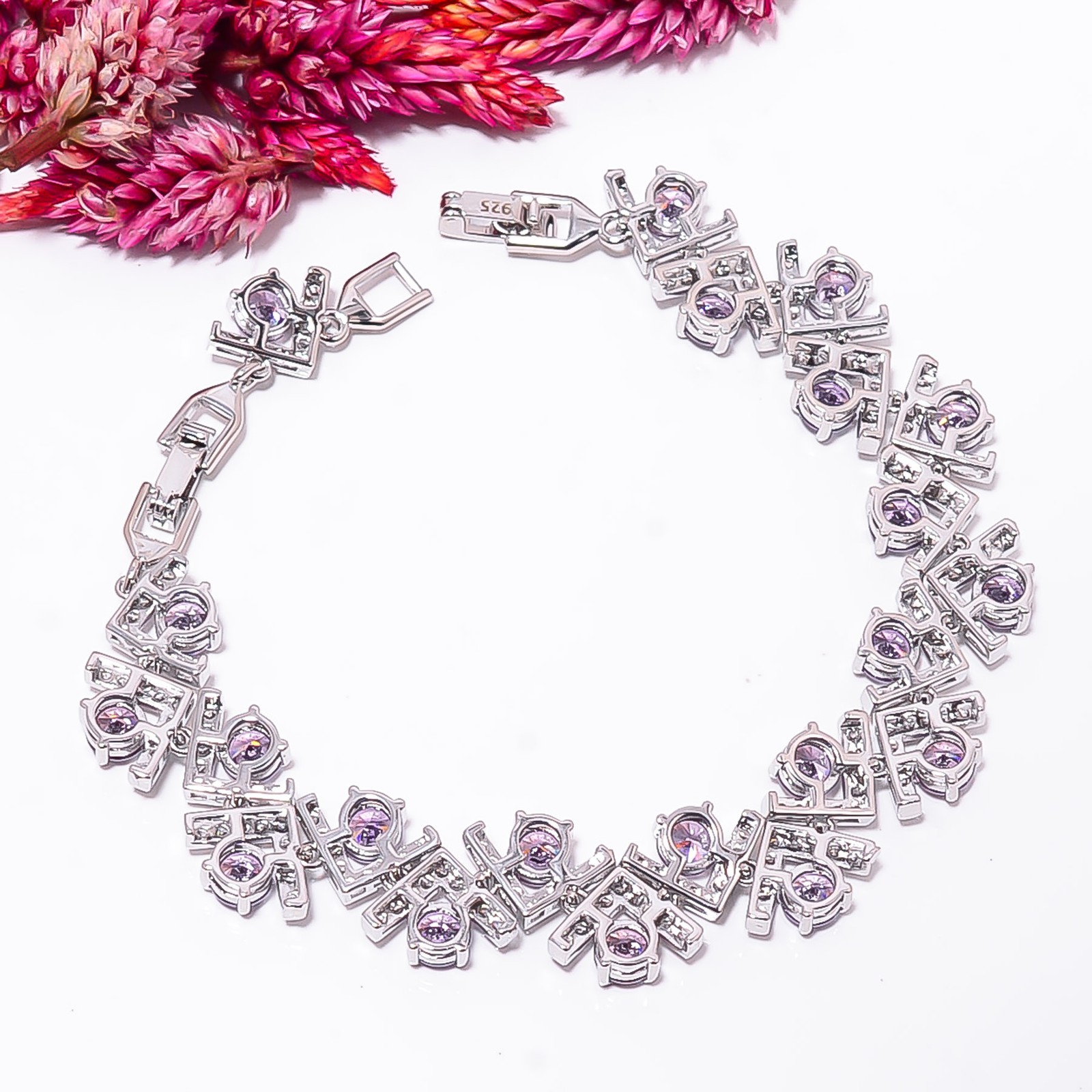 Purple Amethyst, CZ 925 Sterling Silver Adjustable Bracelet 7-8″ B140417
