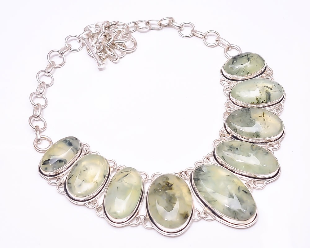 Moss Prehnite 925 Sterling Silver Bali Necklace 16-17.99″ N18, Christmas Gift