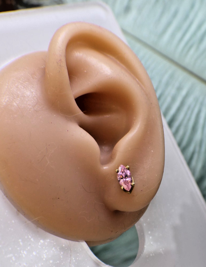 Solid 10K Yellow Gold Pink Ice Cubic Zircon Earrings Marquise Stud Pretty color