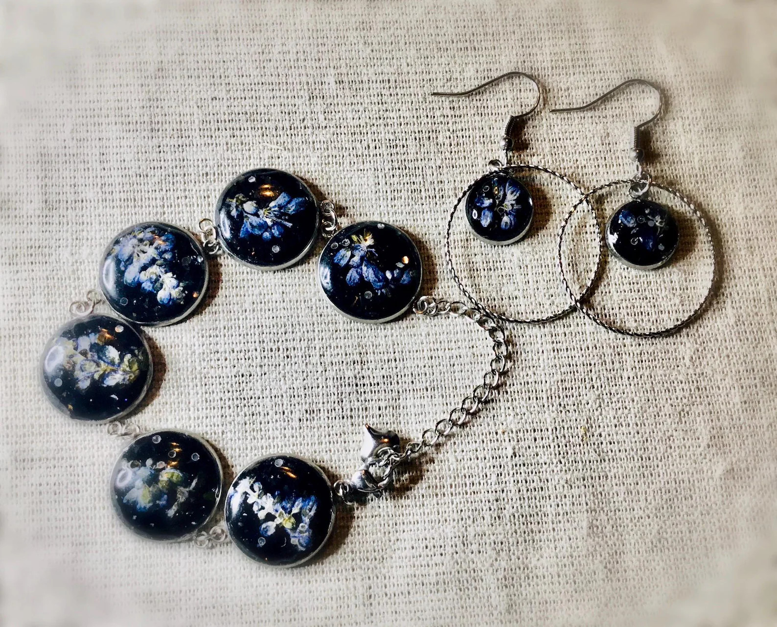 Sage flowers jewelry set,real pressed sage flower & glitter bracelet and earring