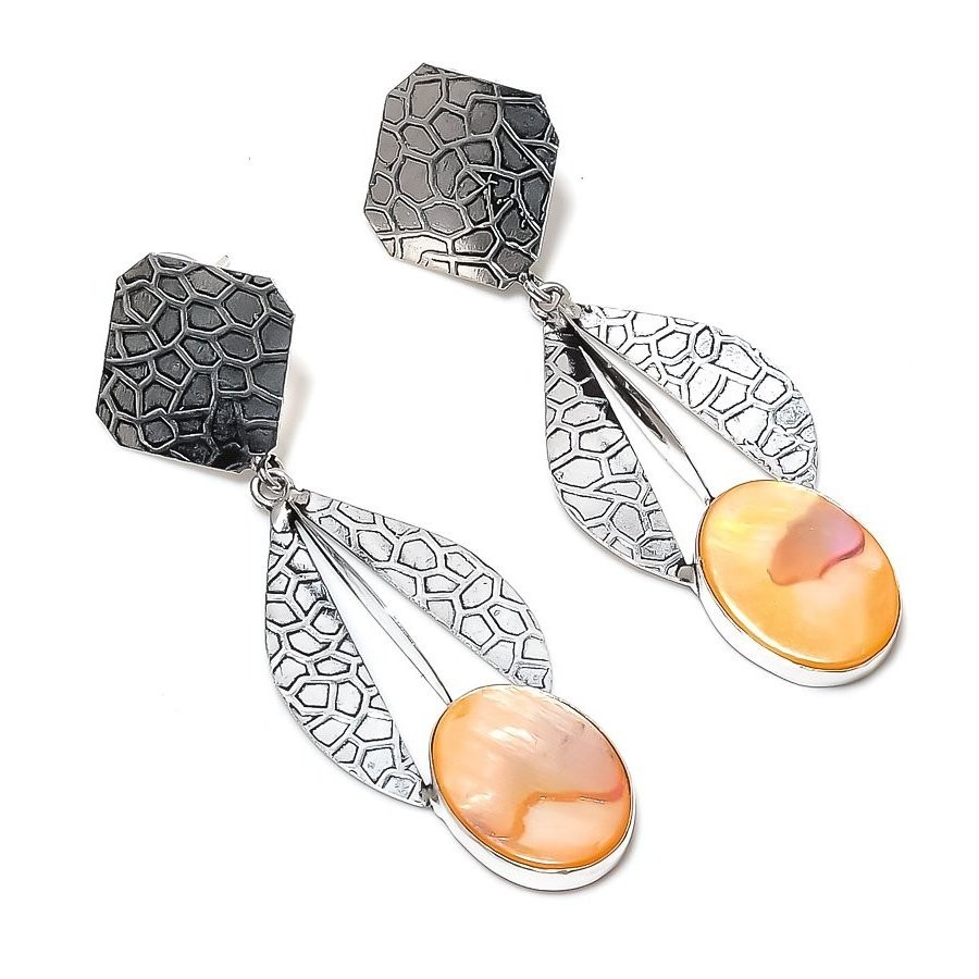 Orange Mother Of Pearl Gemstone Drop Dangle Gift Jewelry Earrings 2.80″ MXE 5073