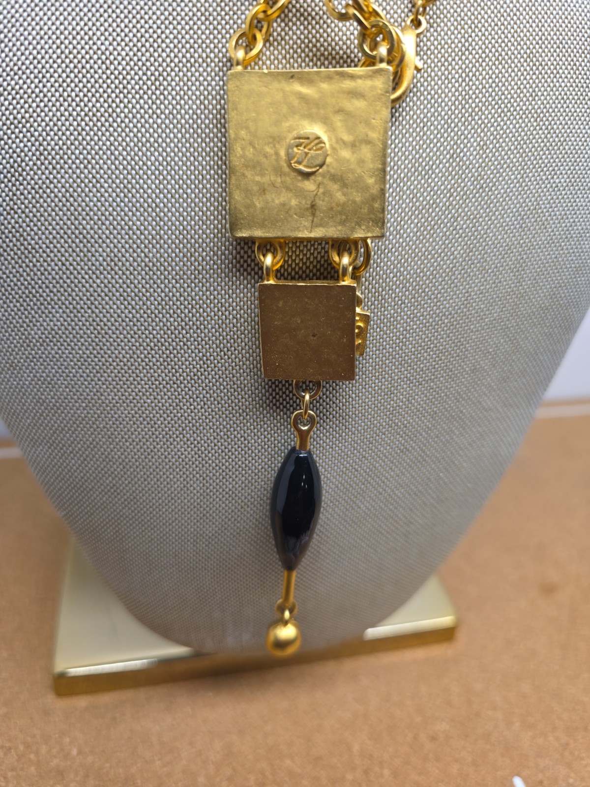 Karl Lagerfeld Black Enamel Gold Plated Dangle Pendant Chain Necklace Runway