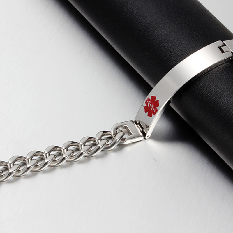 Men Medical Alert ID Chain Bracelet Wristband DIY Free Engraving Stainless Steel