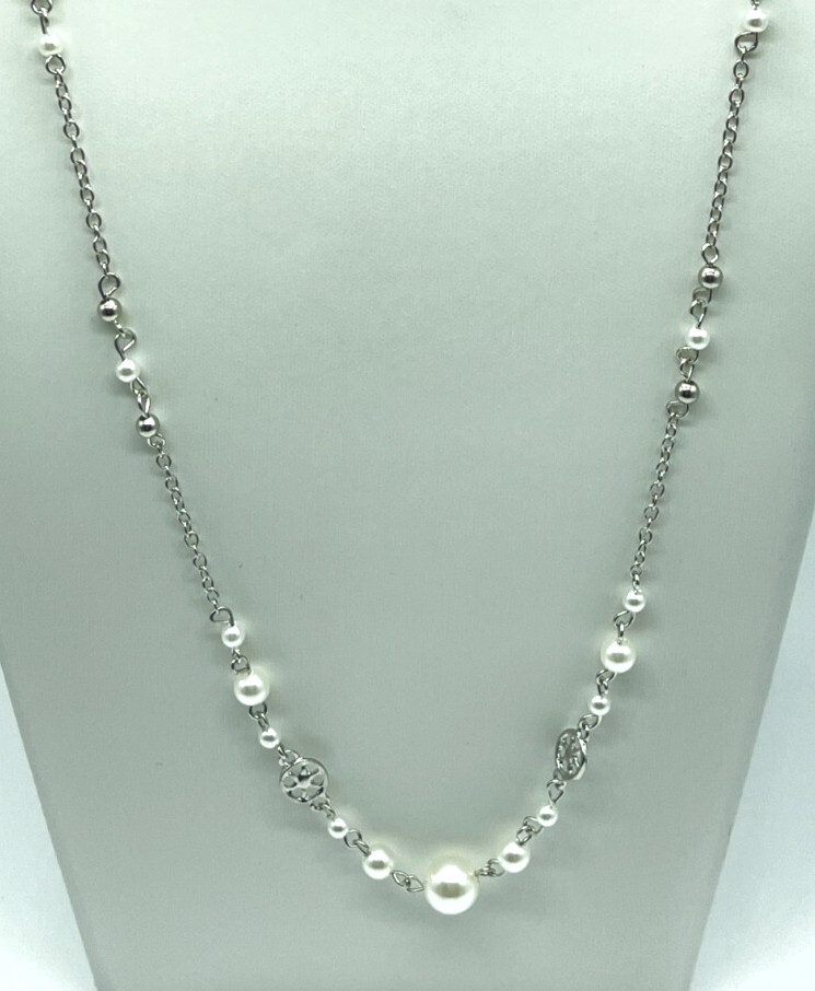 Necklace Silver Tone Spaced White Pearls 38 inches Lightweight