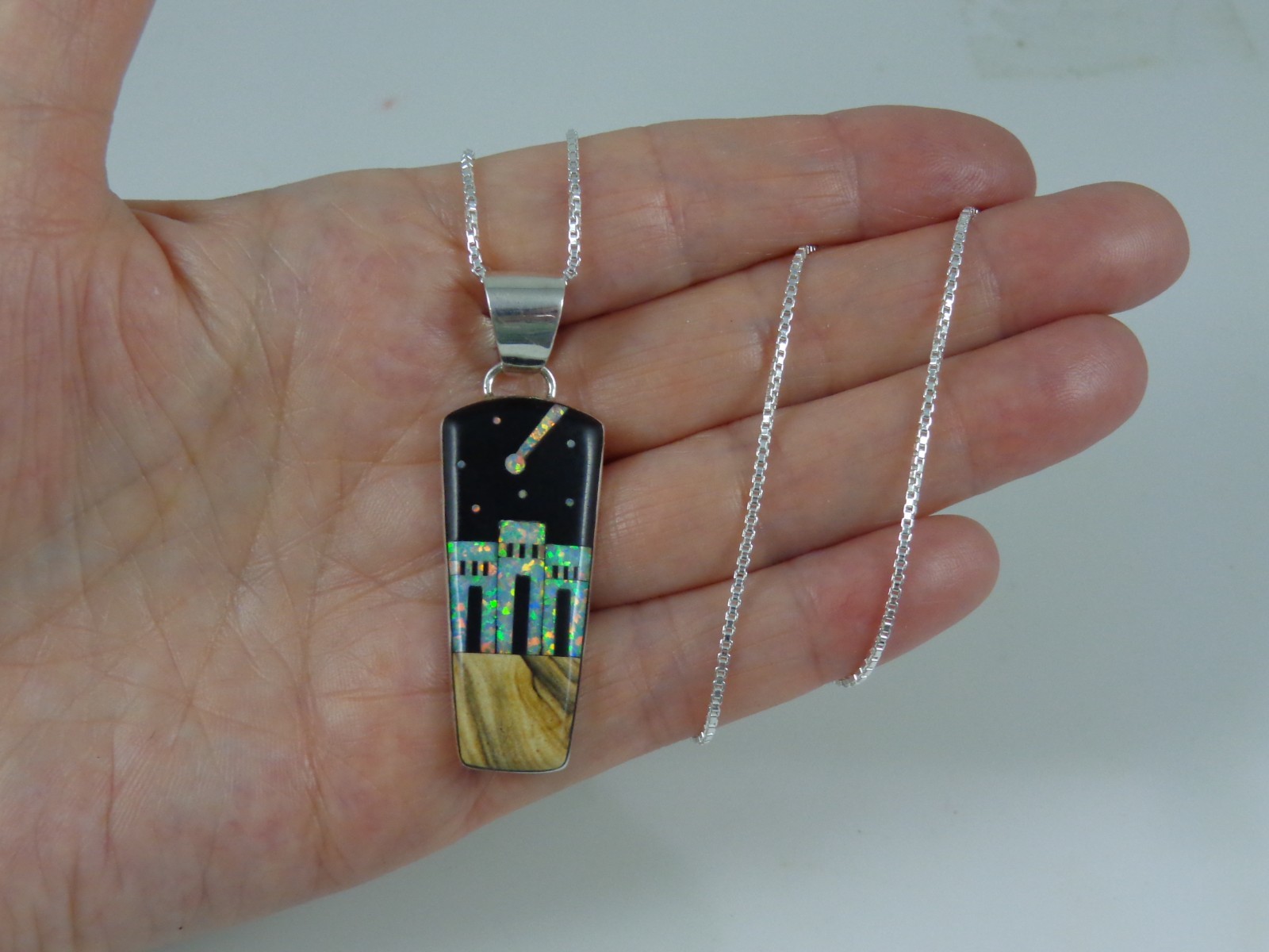 Sterling Silver Jasper Starry Night Lab Opal Three Dwellings Pendant Necklace
