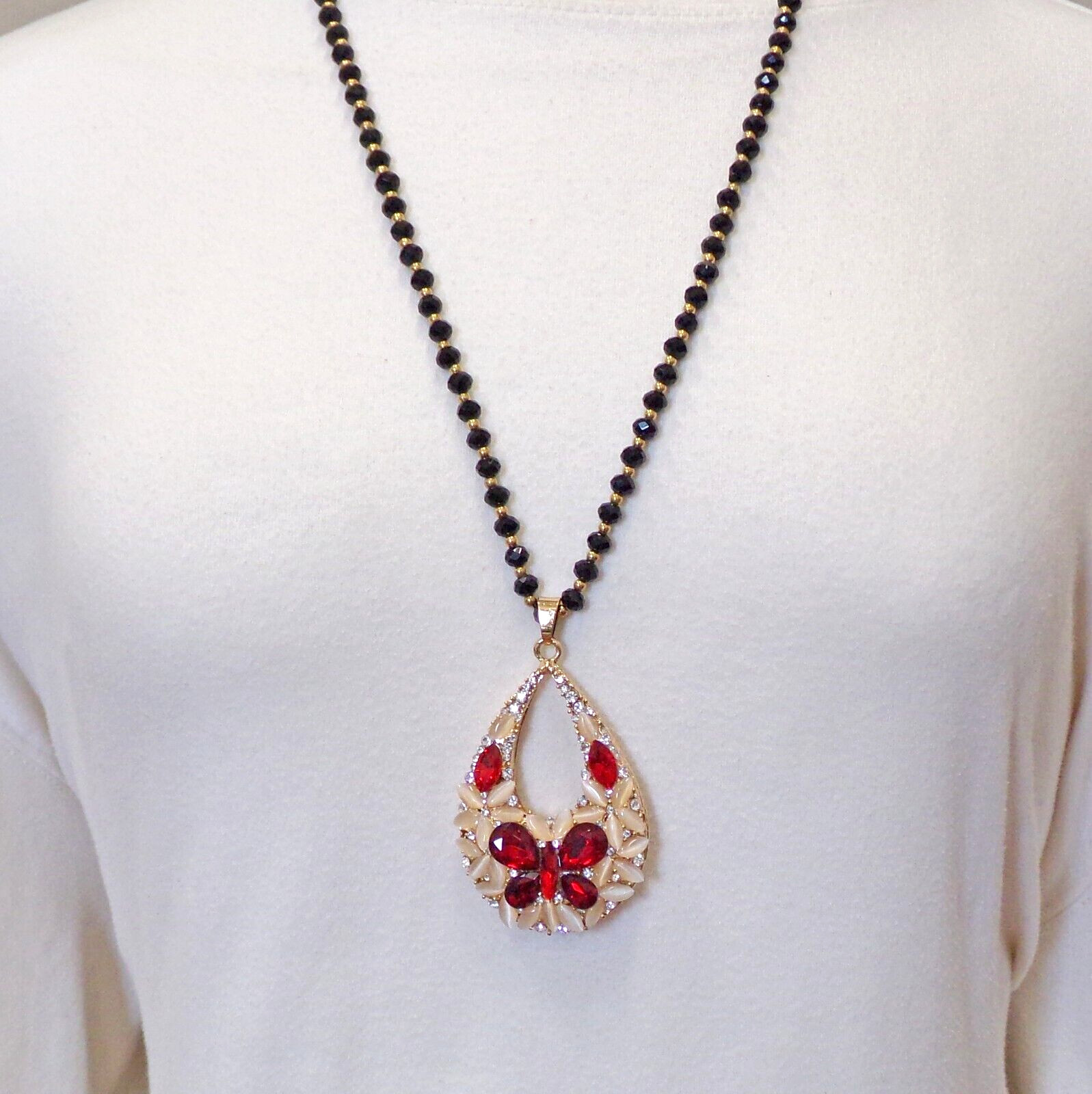 Red crystal butterfly pendant necklace with white cat eye stones, crystals – NEW