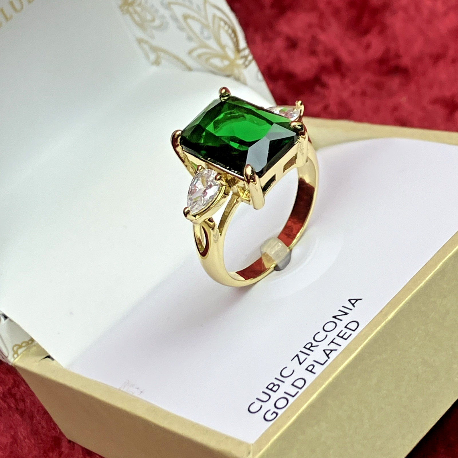 Charter Club Emerald Cut Green Crystal Ring Gold Plated Sz 8 NIB $39