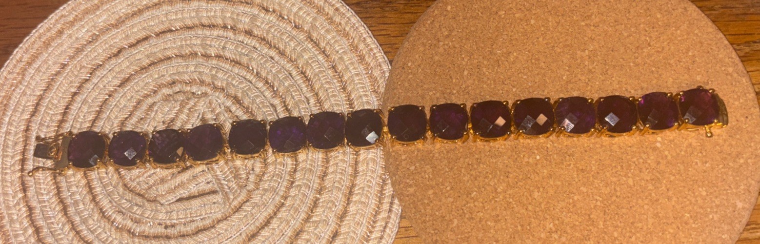 Elegant 7-Inch Gold-Tone Purple Stone Link Bracelet 925
