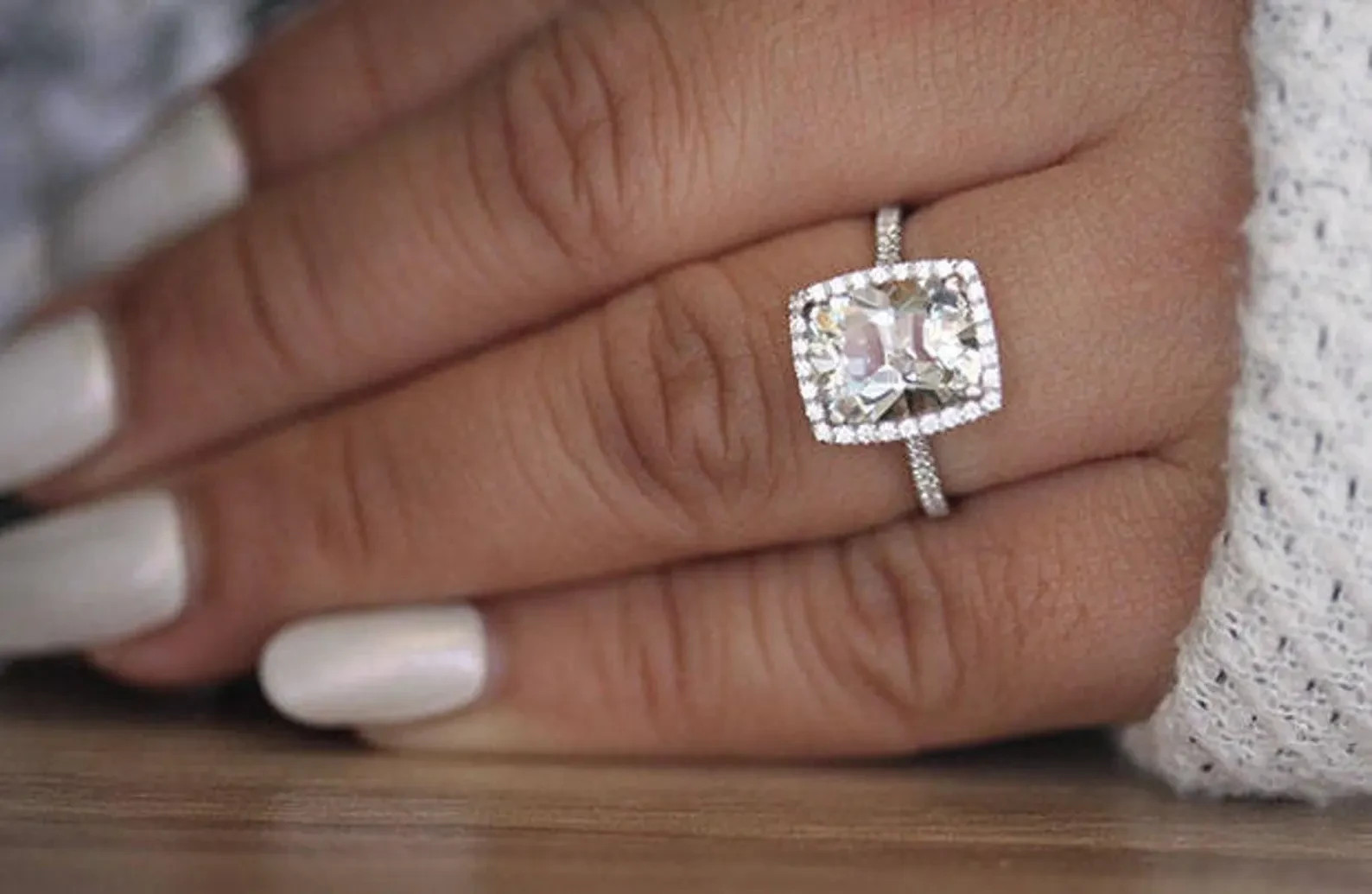 Elongated Cushion Cut Halo Moissanite Engagement Ring, Square Shape Wedding Ring