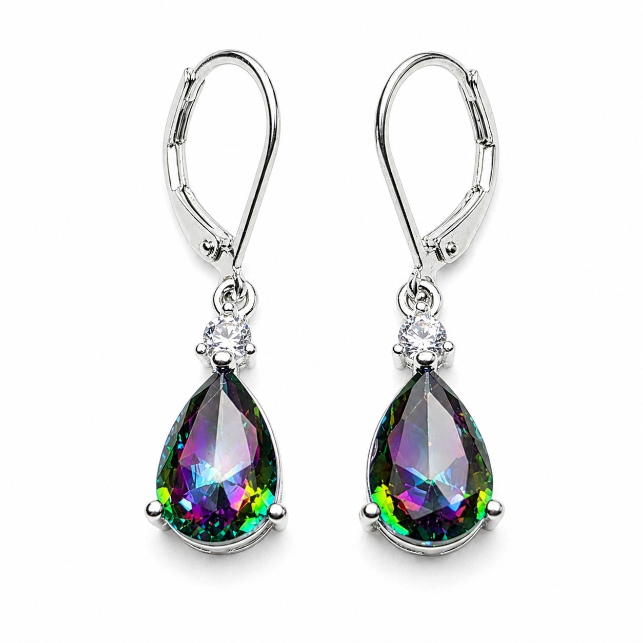 Teardrop Mystic Topaz Drop Earrings – Iridescent Pear Cut w/ CZ Silver Leverback