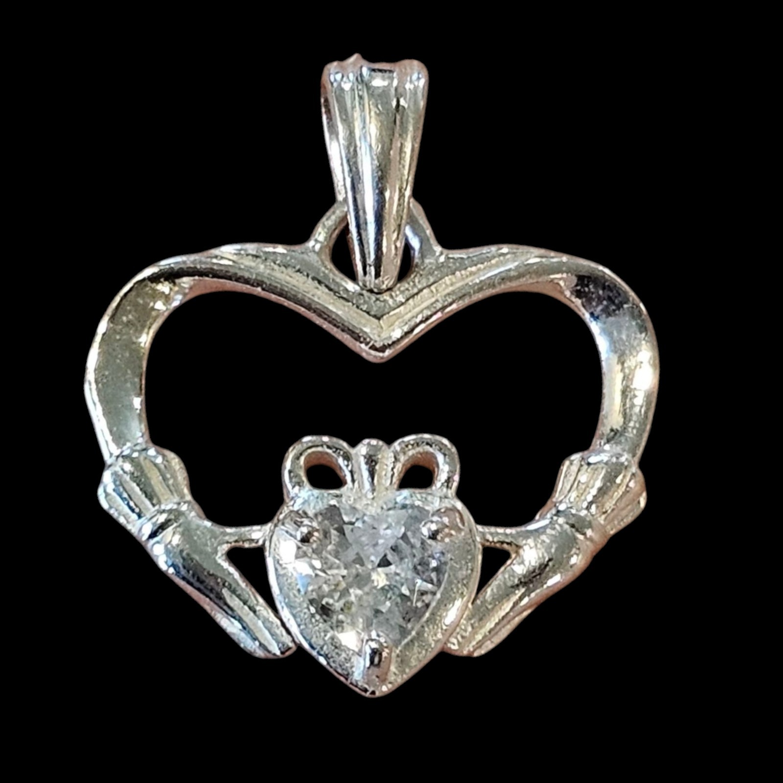 925 Sterling Silver RJ Graziano Heart Irish Claddagh Crystal Pendant Crown Hands