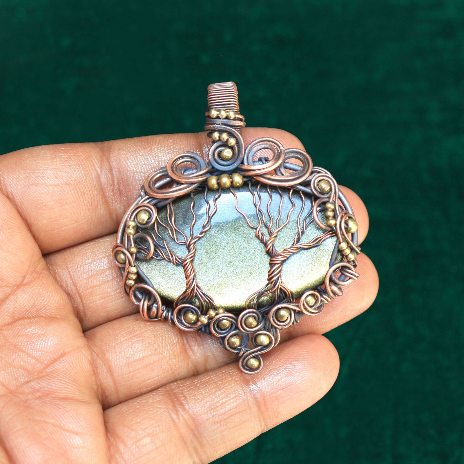Two Tree Golden Sheen Obsidian Copper Pendant Wire Wrap Gemstone Jewelry N388
