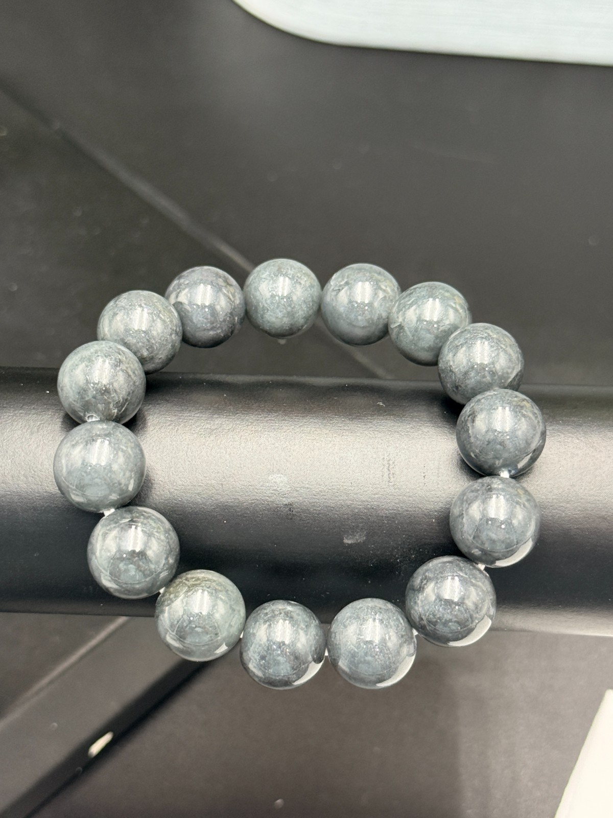 Certified Natural Jadeite Jade Beaded Bracelet Gray Black 13.2 mm #100094
