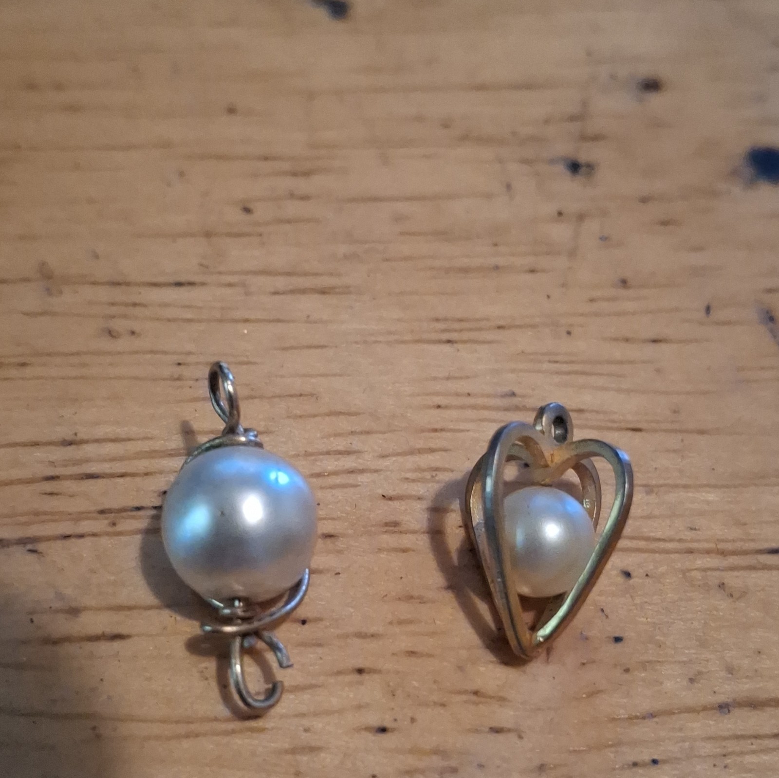 Silver Tone Metal Heart Cage Charm Pendant w/ White Round Pearl, Lot of 2