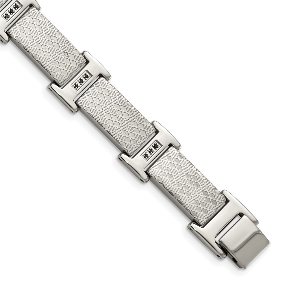 Stainless Steel Polished and Textured with Black CZ 8.5 inch Link Bracelet