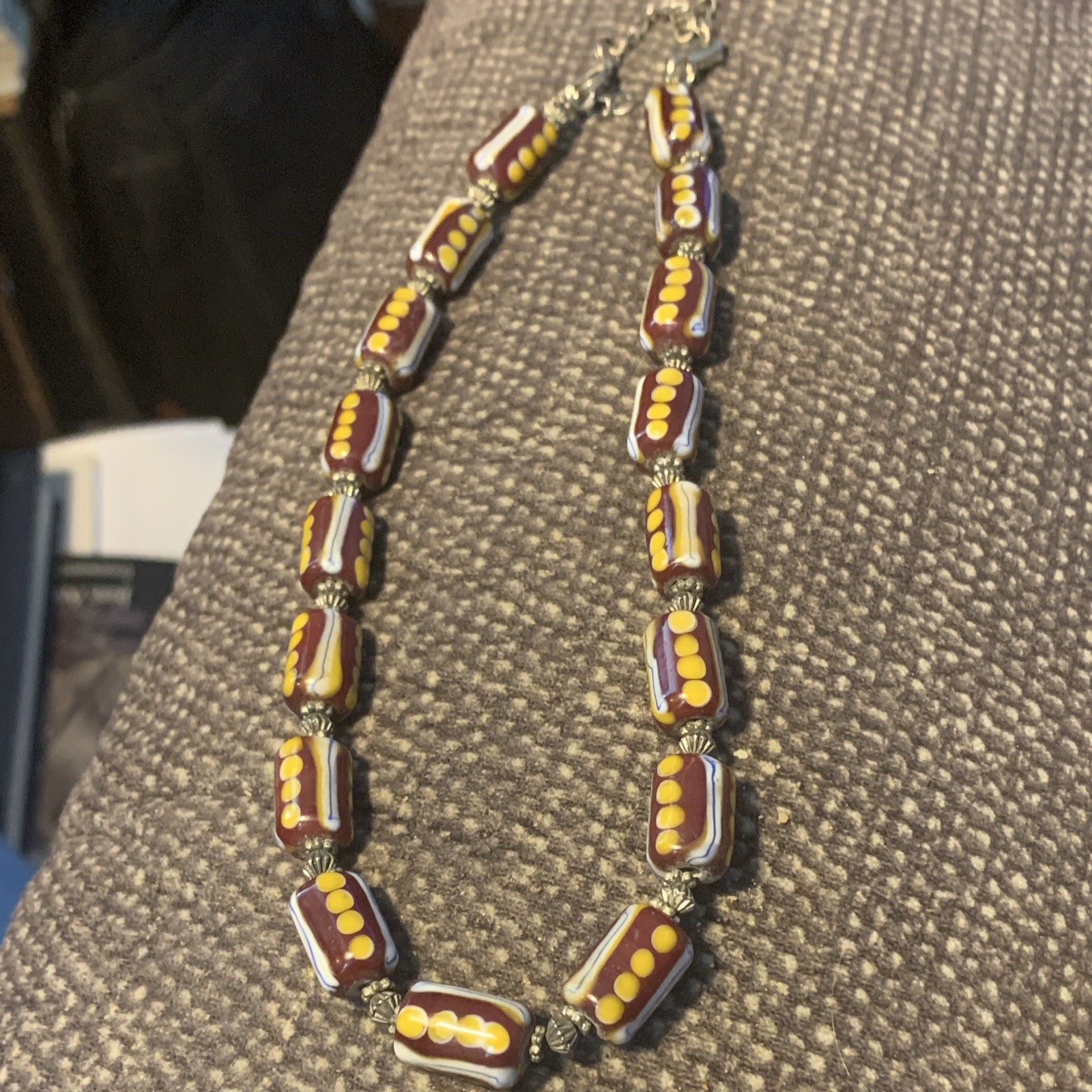 Brown Yellow Rectangle Glass Beaded Necklace Adj. Cable Chain Lobster Clasp