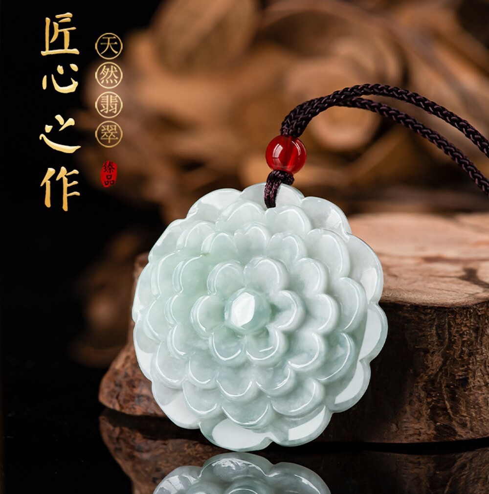 Certified Green Burma Natural Grade A Jade jadeite Peony Flower Pendant Necklace