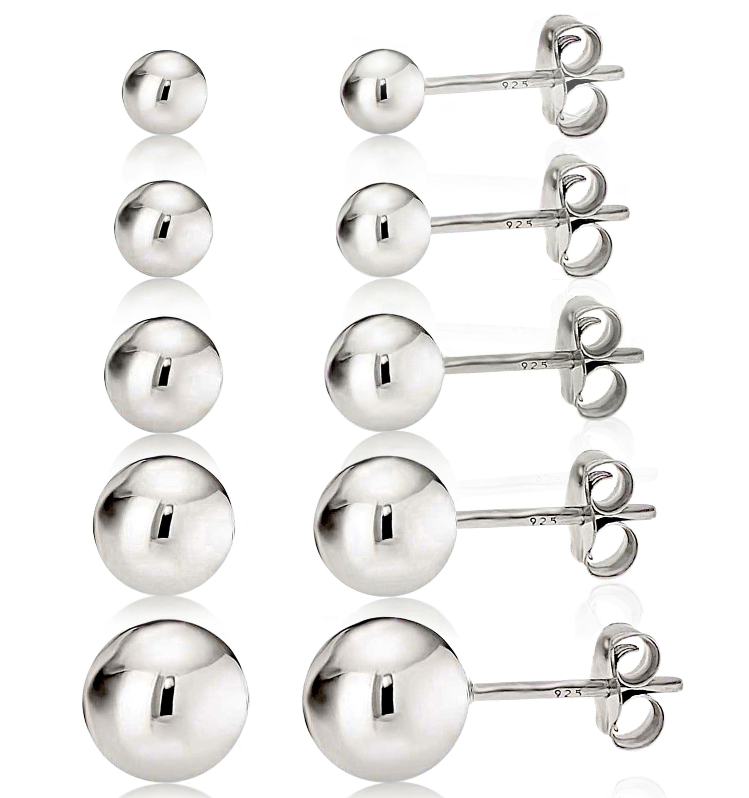 925 Sterling Silver High Polish Smooth Round Ball Stud Earring 5-Size Set