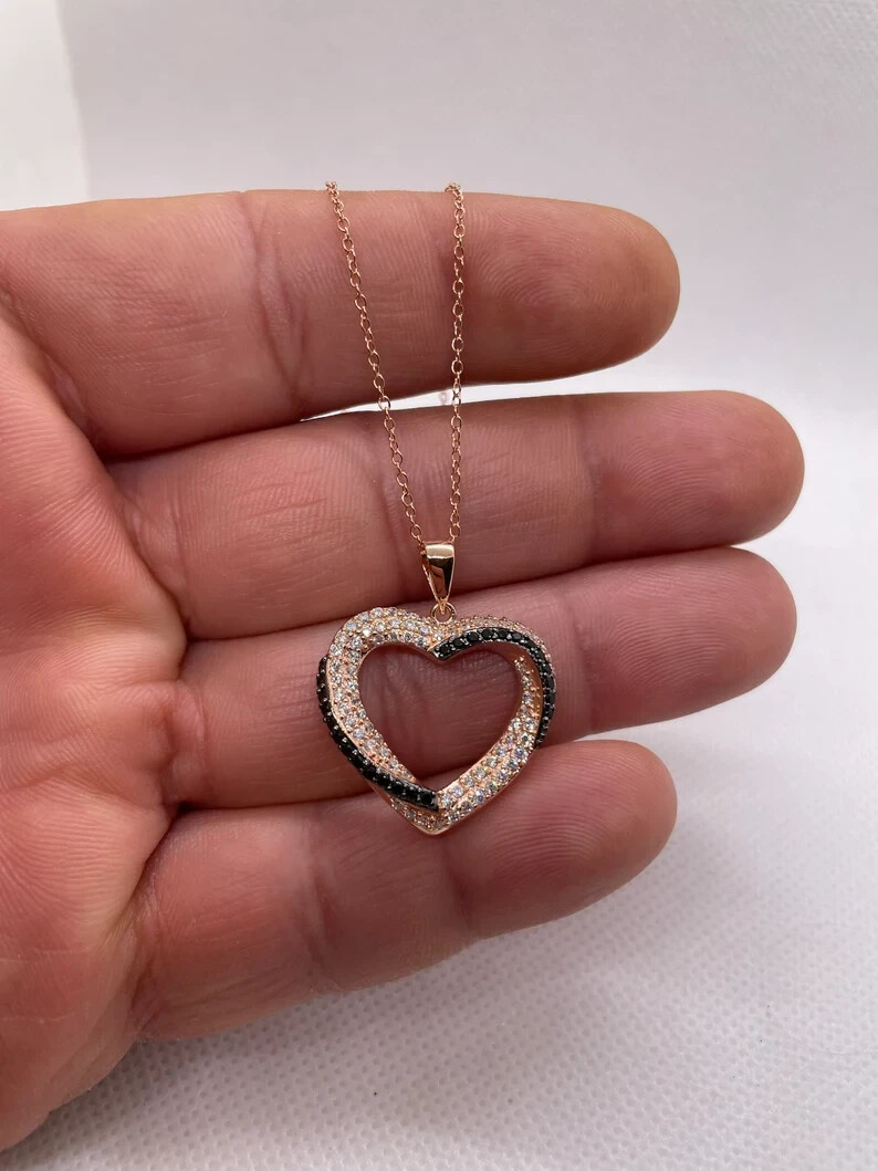 Rose gold over 925 sterling silver heart necklace lab simulated diamonds