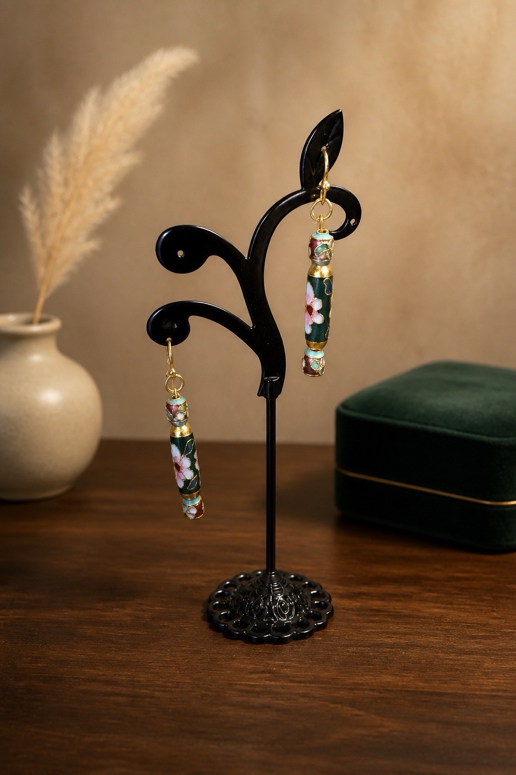 Cloisonné Dangle Earrings Floral Green Pink – Gold Tone -2″